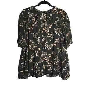 Collective Concepts Black Floral High Neck Blouse With Flutter Sleeves Size 2X
